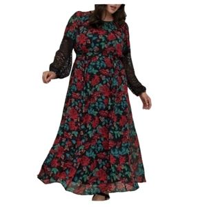 🥳Host Pick🥳🔖MAXI PEASANT DRESS - CHIFFON FLORAL BLACK  Torrid size 2.